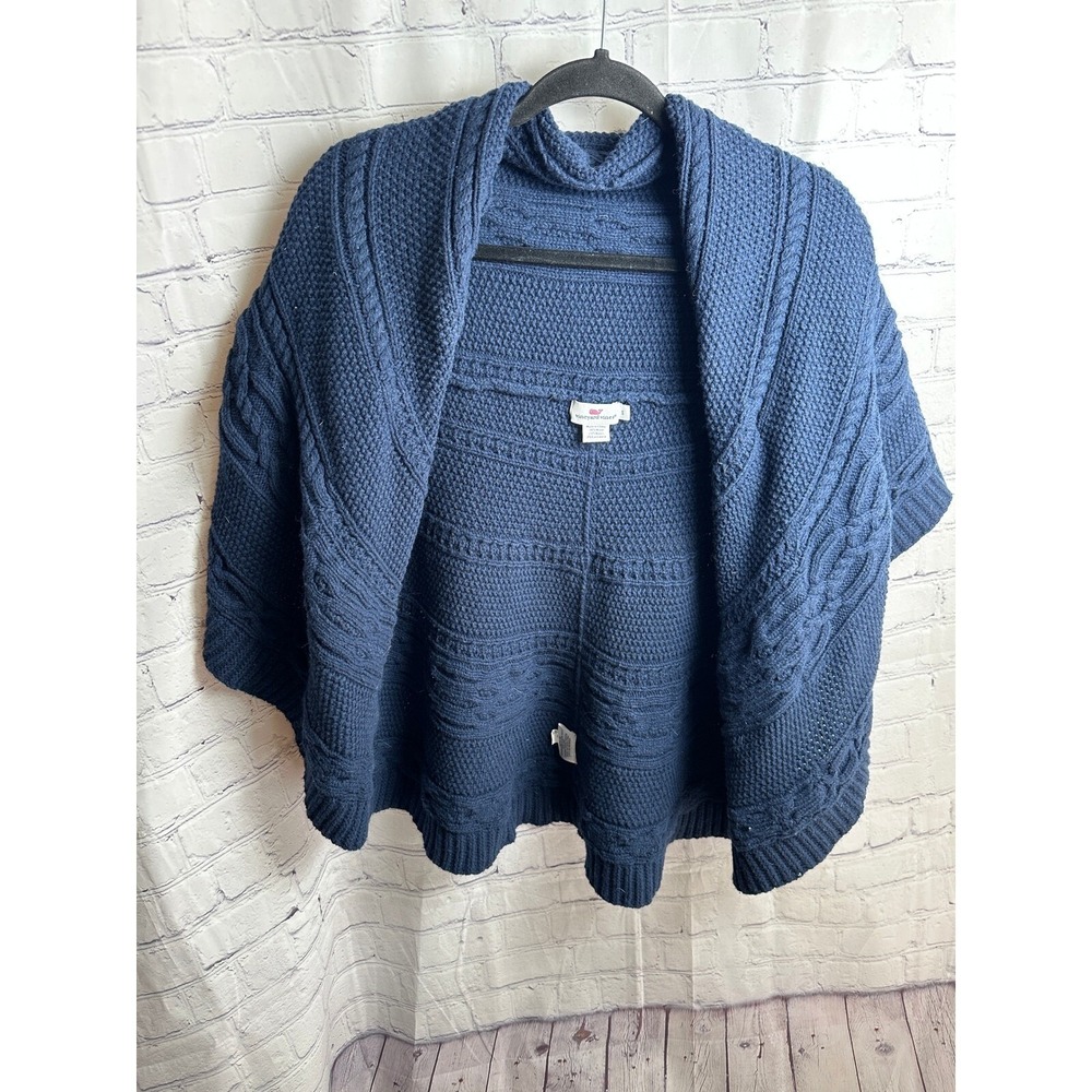 Vineyard Vines Knit Cape Wool Blend Cable Knit Cover Up Shawl Blue S